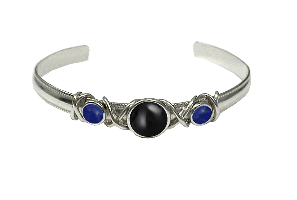 Sterling Silver Hand Made Cuff Bracelet With Black Onyx And Lapis Lazuli